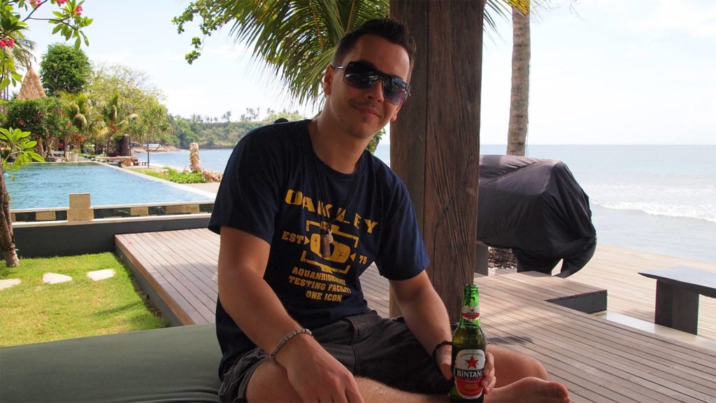 Marcel at the infinity pool at Qunci Villas, Lombok