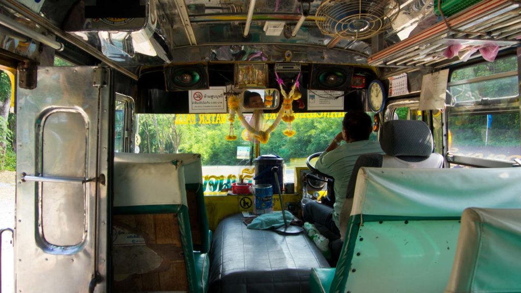 The bus from Kanchanaburi to the Erawan National Park