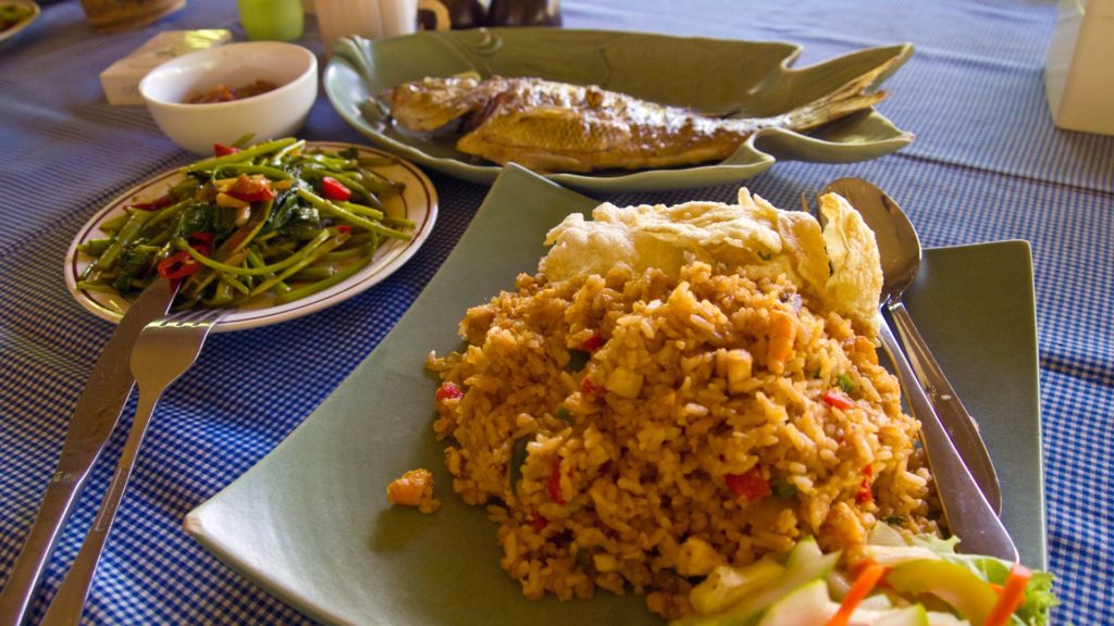 Plecing Kangkung, fish and Nasi Goreng