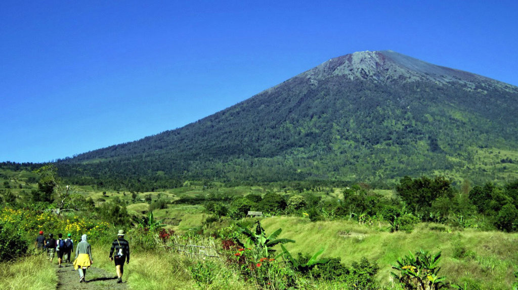 Wandergruppe in der Savanne mit Blick auf den Vulkan Mount Rinjani
