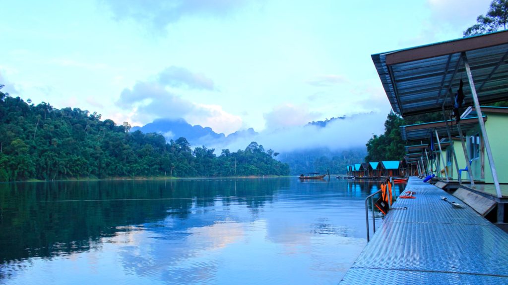 The Smiley Lakehouse complex in the early morning, Khao Sok National Park