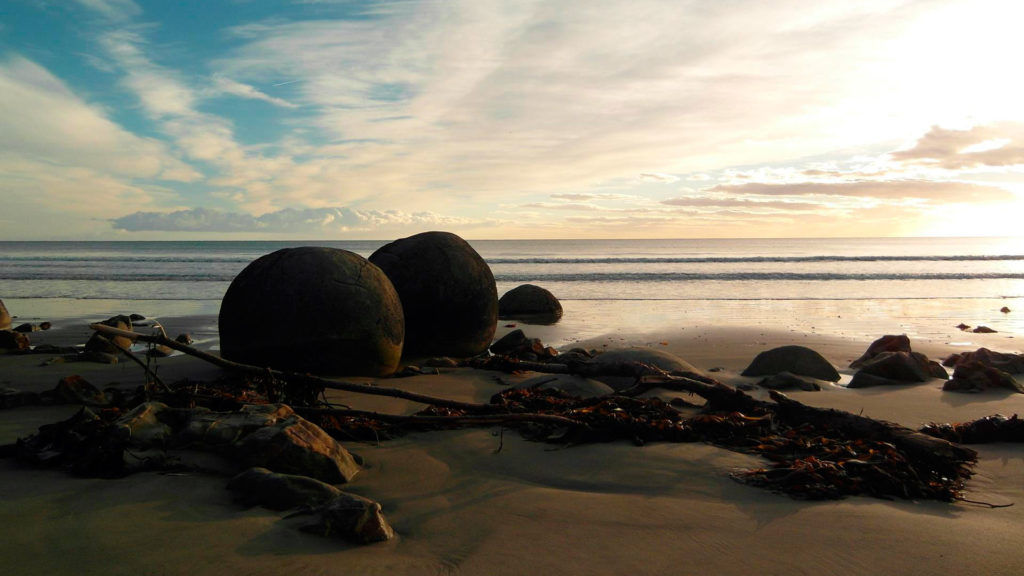 Die Moeraki Boulders an der Küste von North Otago in Neuseeland