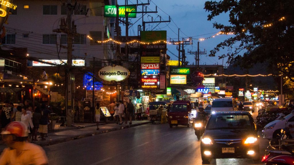 Patong's main road along the Patong Beach by night