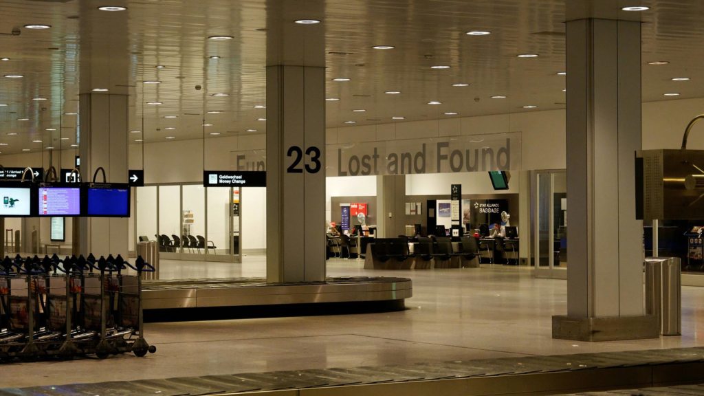Baggage carousels and Lost and Found office in the airport
