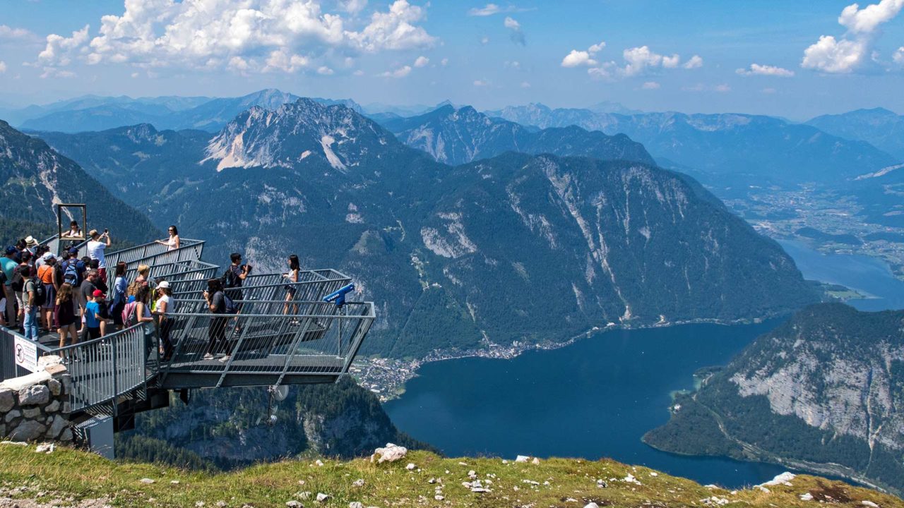 View from the 5 fingers viewpoint of the mountains and Hallstatt, Dachstein mountains