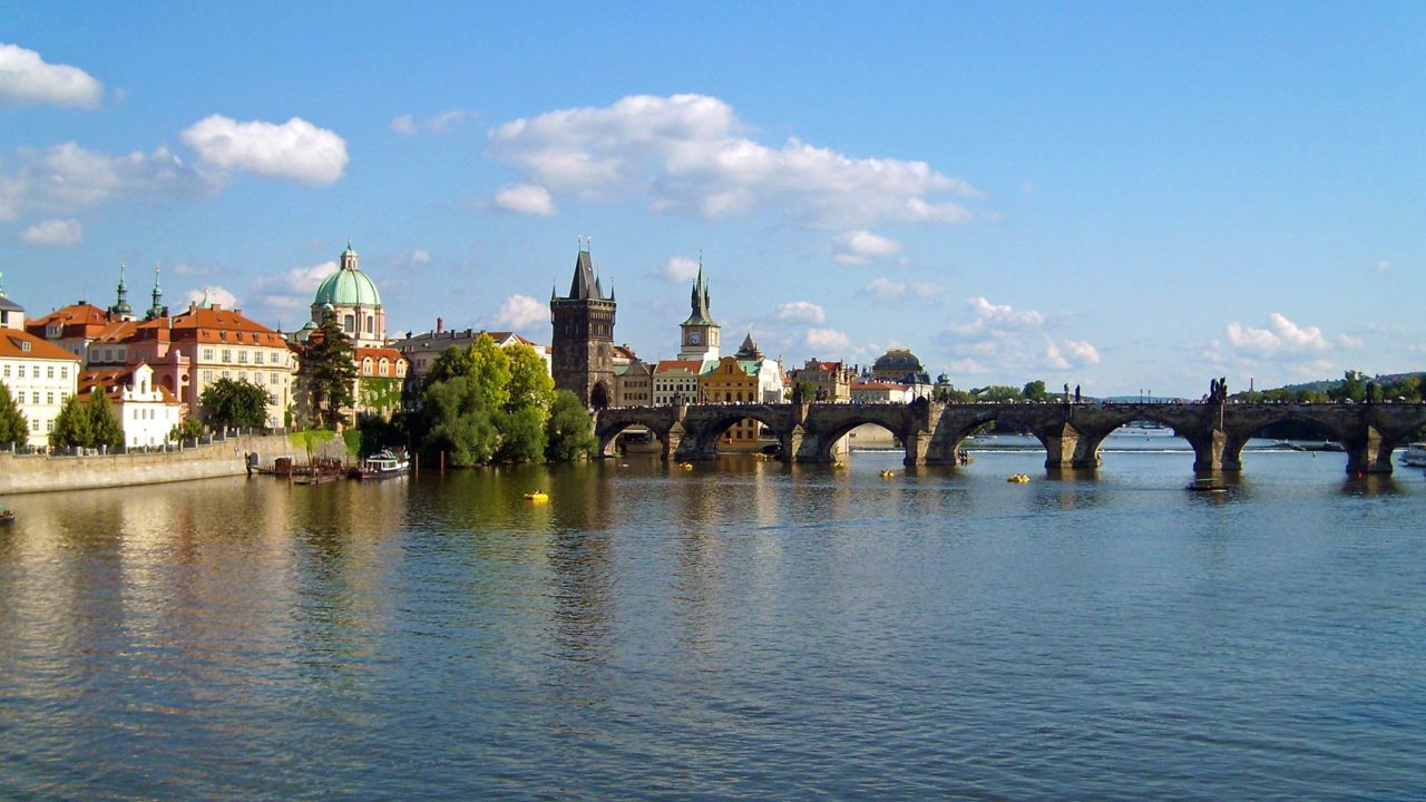 The Charles Bridge of Prague during a boat ride on the Vltava River