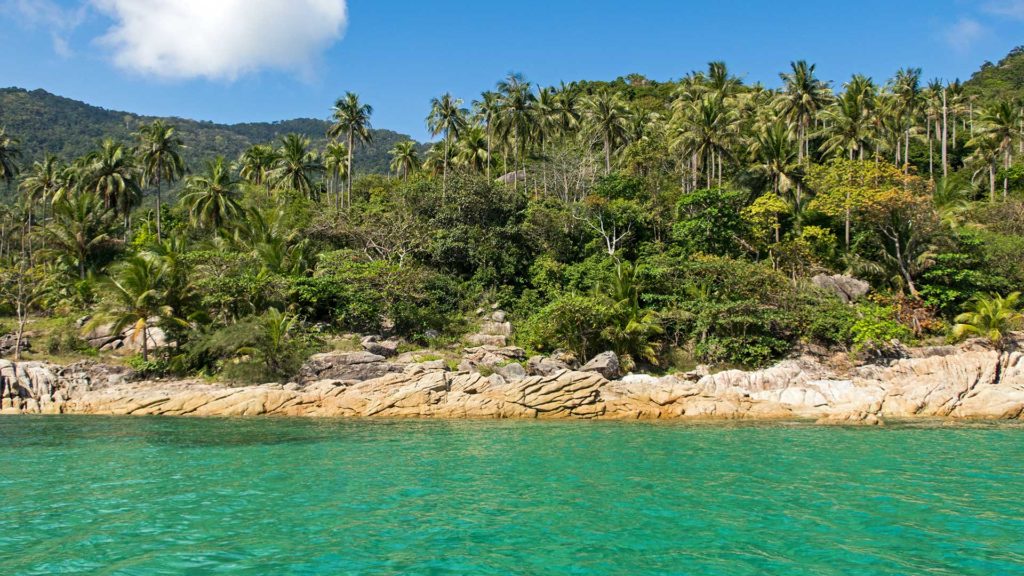 Rocks, palm trees and beautiful water on the boat trip to Bottle Beach