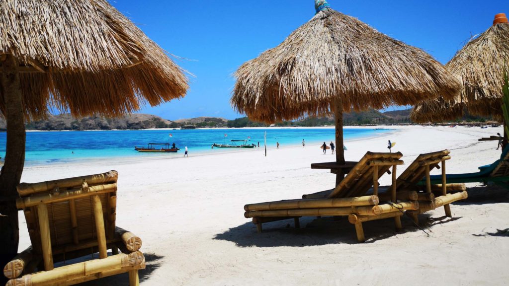 Bamboo sunbeds on the beautiful Tanjung Aan Beach, Lombok