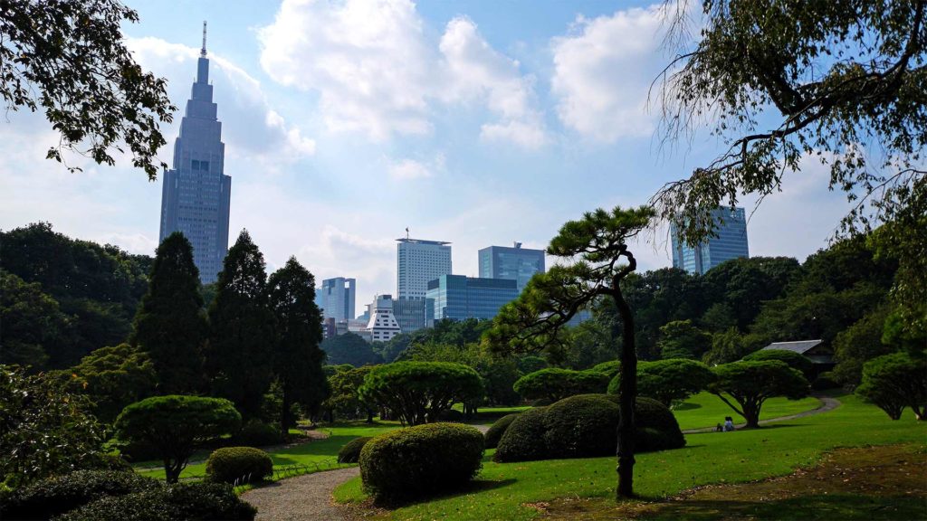 Ausblick von die Skyline vom Shinjuku Gyoen Park in Tokio