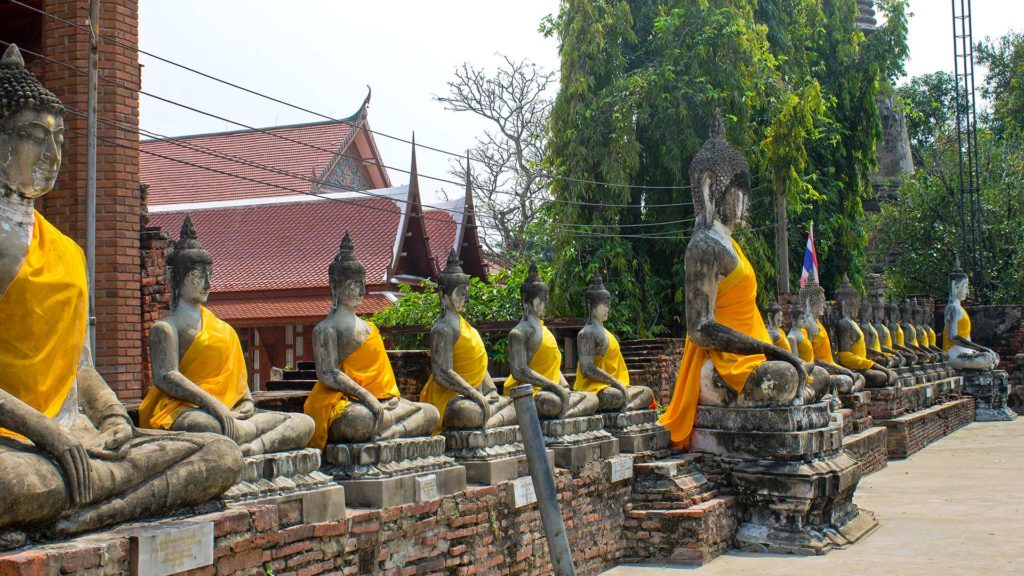 Buddha statues in the Wat Yai Chai Mongkhon of Ayutthaya