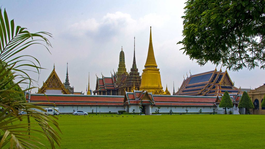Chedis and temple buildings at the Wat Phra Kaeo in Bangkok