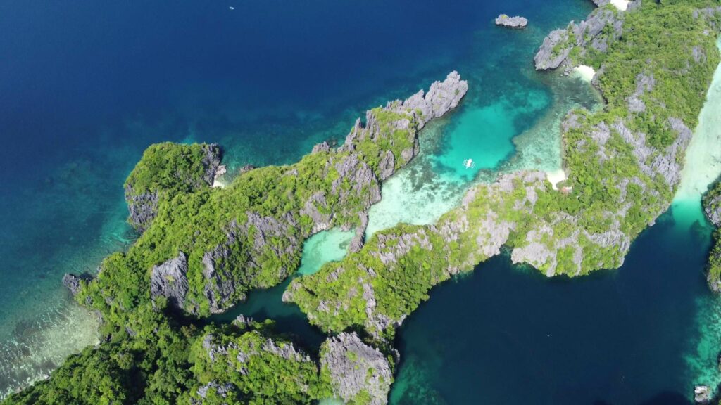 Drone shot of Small Lagoon and Big Lagoon in El Nido, Palawan