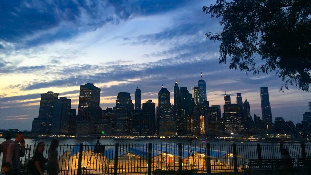 Sunset view of the New York skyline from Brooklyn Heights