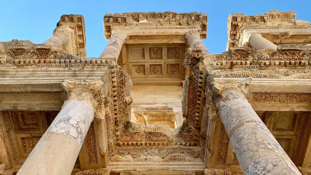 Close-up of the reconstructed facade of the Celsus Library in Ephesus