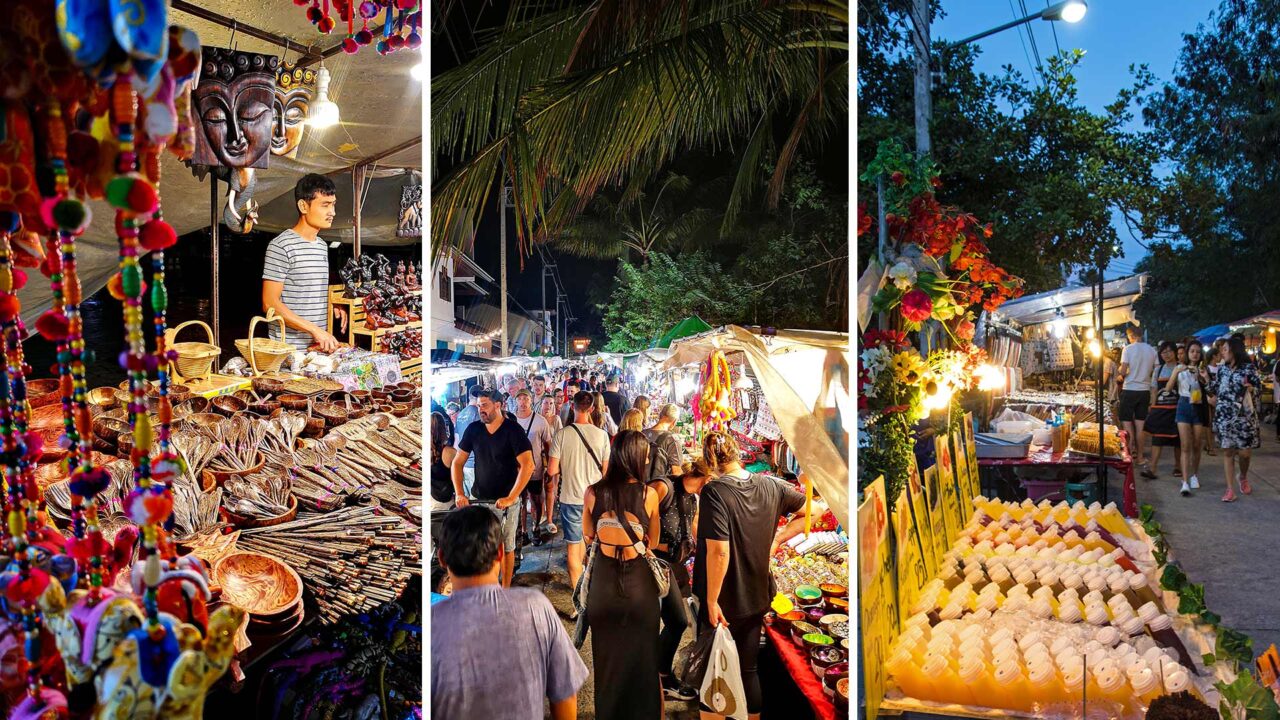 Collage of walking streets and night markets on Koh Samui